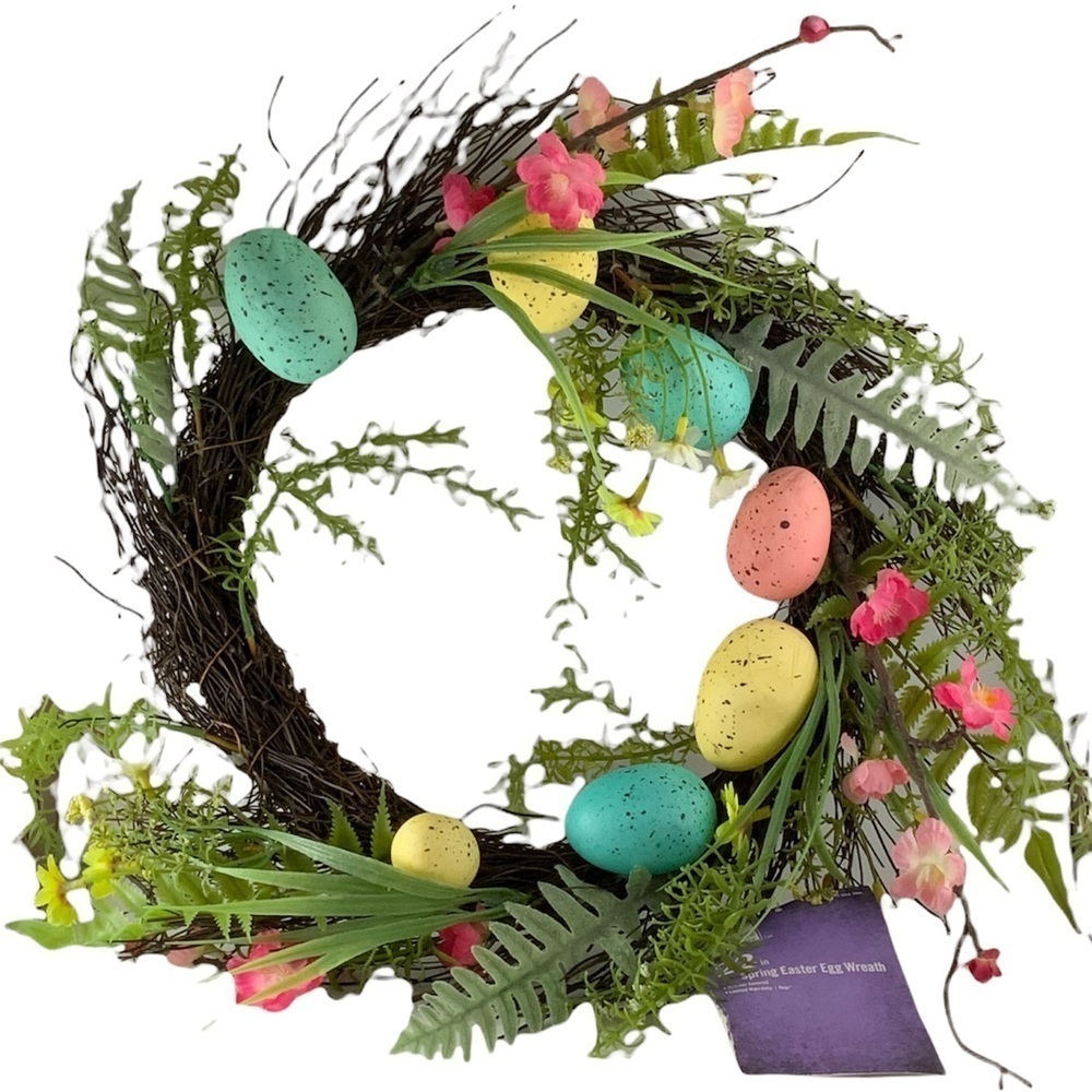 Spring Easter Egg Wreath 22” GrapeVine Stippled Pastel Eggs Spring Flowers
